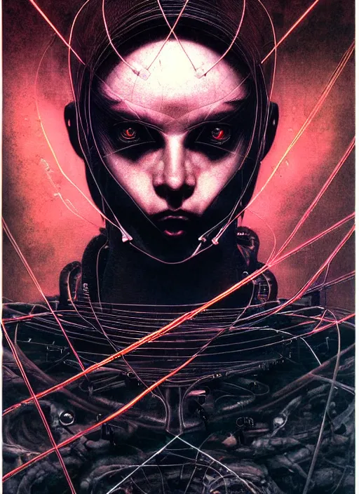 Prompt: dark cyberpunk ranger, symmetry face, a lot of cables and wires around by ayami kojima, by francis bacon, by amano, by karol bak, greg hildebrandt, by mark brooks, by alex grey, by zdzisław beksinski, by takato yamamoto, vintage style, high resolution, ultra detailed, close - up wide portrait