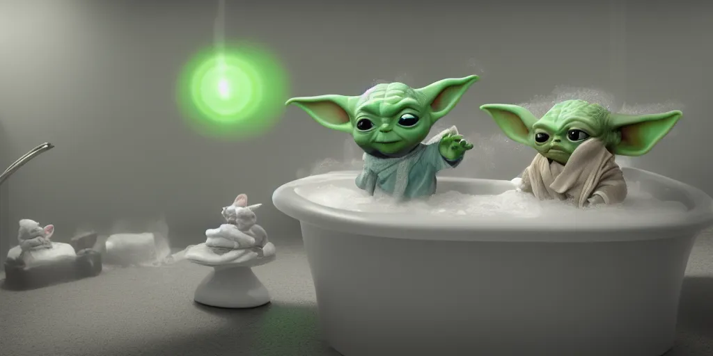 Image similar to Baby Yoda sitting in a tub taking a bubble bath, hyperdetailed, artstation, cgsociety, 8k