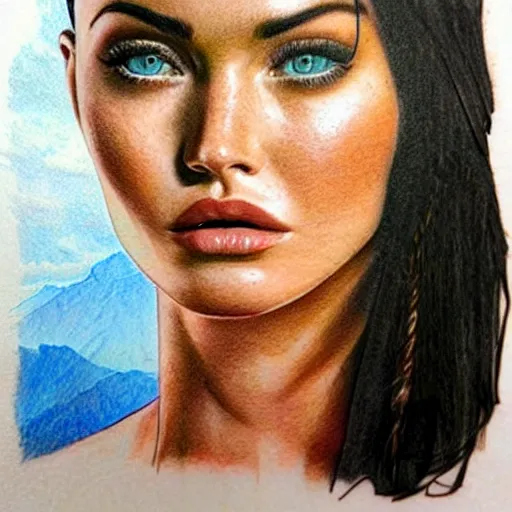 Image similar to realism tattoo sketch of double exposure megan fox, on beautiful mountain scenery, in the style of andrey lukovnikov