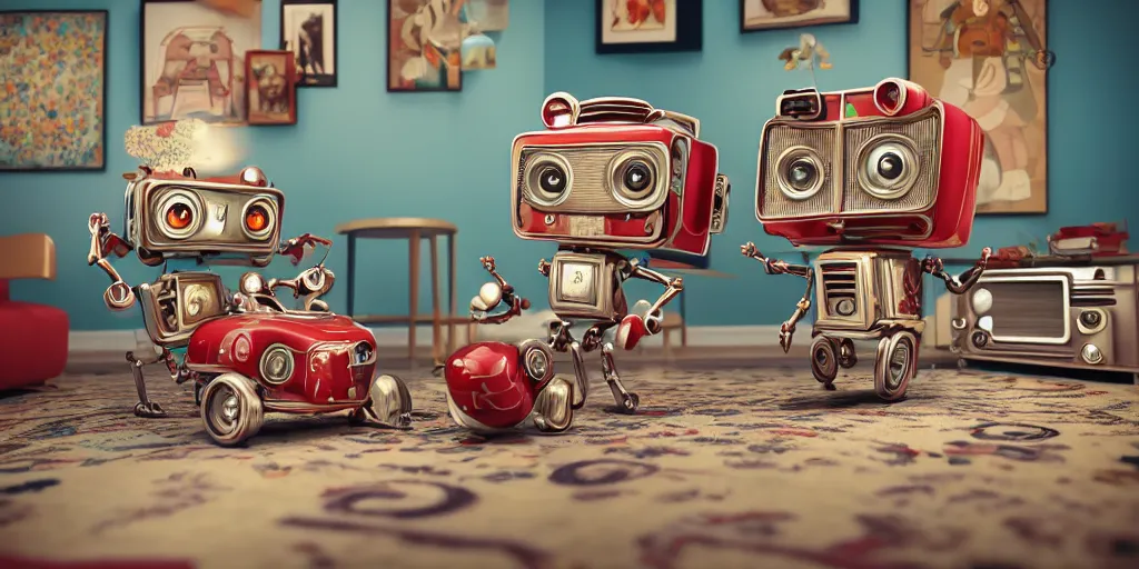 Image similar to closeup portrait of tin toy retro living room of robot family, depth of field, zeiss lens, detailed, centered, fashion photoshoot, by nicoletta ceccoli, mark ryden, lostfish, breathtaking, 8 k resolution, extremely detailed, beautiful, establishing shot, artistic, hyperrealistic, octane render, - h 8 0 4