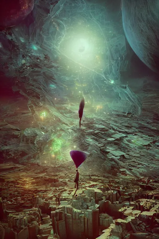 Image similar to letting go of reality and experiencing the quantum feild, matte painting tim burton comic book art, cinematic, highly detailed, realistic, beautiful cosmic neural network, octane render, unreal engine, depth of field, trending on artstation, sharp focus, philosophical splashes of colors