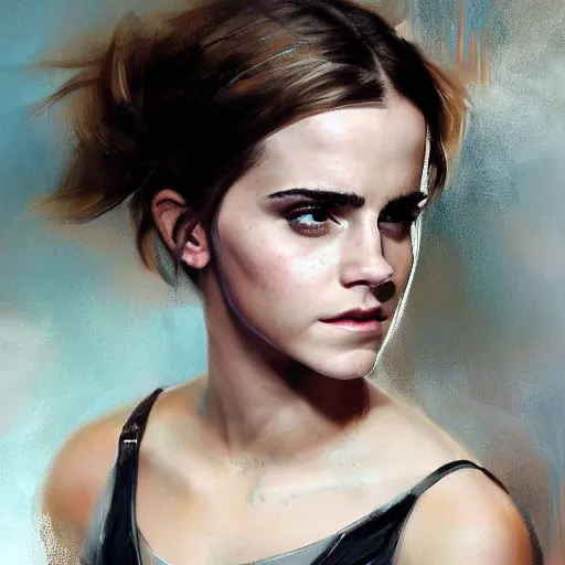 Image similar to close up of emma watson wearing a gimp outfit, cinematographic shot, by daniel f. gerhartz