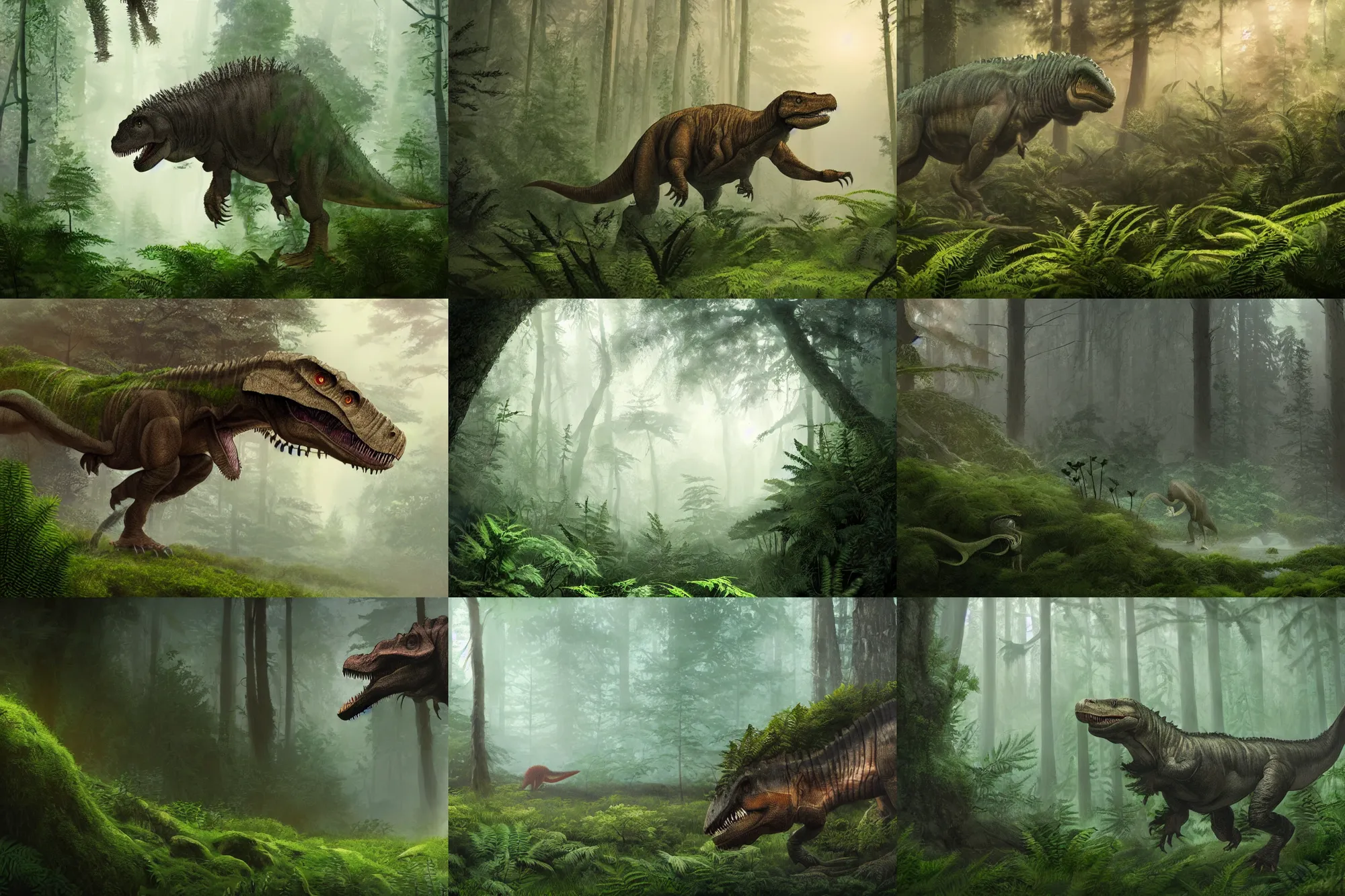Prompt: an illustration of tyrannosaurus rex dinosaur stalking an ancient misty forest full of ferns and moss at dawn, artstation, epic,