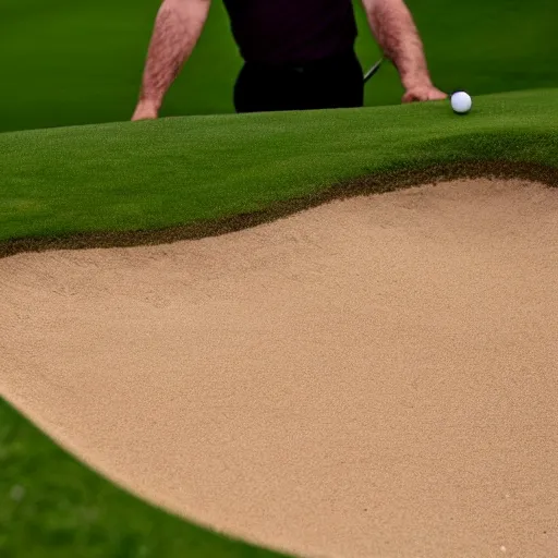 Prompt: a perfect bunker shot, best golfer in the world, highly detailed, realistic, dlsr picture