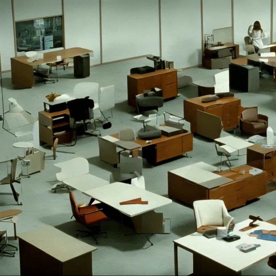 Image similar to a still of severance series indoor 7 0 s furniture office scenario appearing in a film of jacques tati