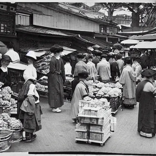 Prompt: “busy Tokyo market, 1900’s photo”