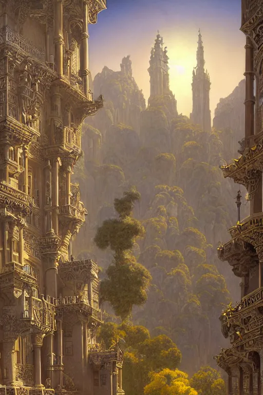 Image similar to ancient silver tower of the moon, distance view, fairytale illustration, elaborate carved latticed balconies, tall windows, moorish architecture, formal gardens, dramatic cinematic lighting, soft colors, golden age illustrator, unreal engine, by Andreas Rocha and Ludwig Deutsch and (Maxfield Parrish)