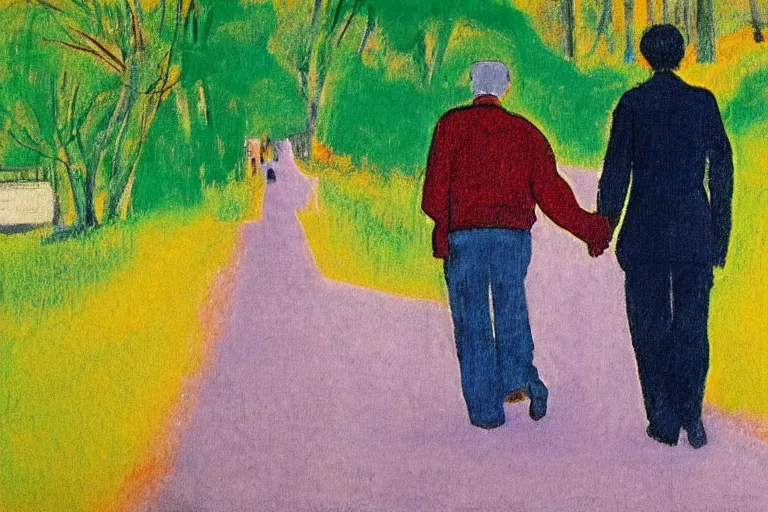 Image similar to a very tall man named John with dark hair holding the hands of a short young boy named Alex with dark hair as they walk down a suburban highway on a bright beautiful colorful day. part in the style of an edgar degas painting. part in the style of david hockney