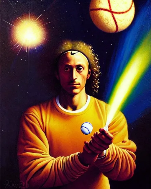 Image similar to cosmic tennis player serving a tennis ball in space, an oil painting, by ( leonardo da vinci ) and greg rutkowski and rafal olbinski, award - winning magazine cover