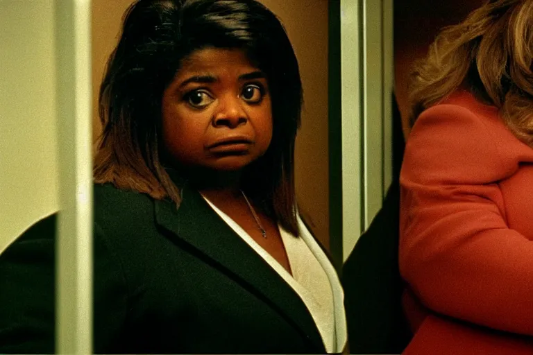 Prompt: cinematic shot from a 1 9 8 5 paranoid thriller, screenshot of octavia spencer confronts at senator joe manchin's ear, in the near future, motel room film directed by stanley kubrick, color theory, anamorphic lenses, beautiful cinematography, leading lines, photorealistic, volumetric lighting, 4 k