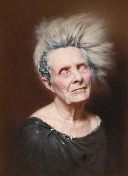 Image similar to a detailed portrait of old woman with a mohawk by edouard bisson, pink hair, punk rock, oil painting, muted colours, soft lighting