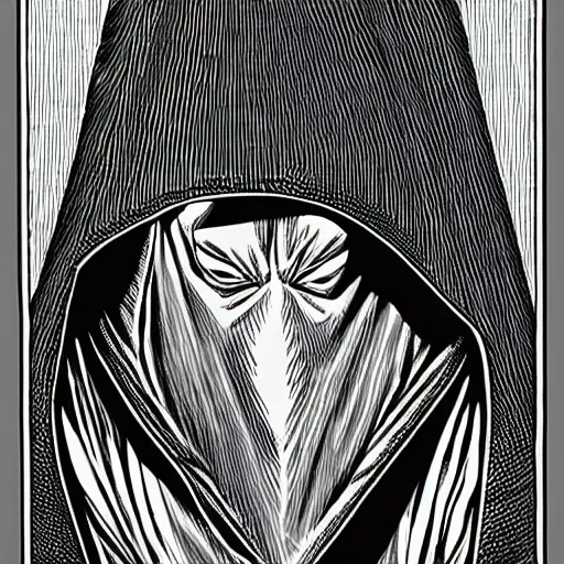 Image similar to hooded man, junji ito,