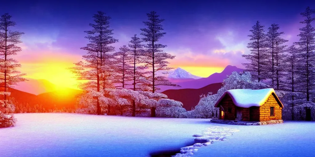 Image similar to a beautiful fantasy landscape, snowy mountain in background, little cottage, small pond, some trees in the corner, sunrise.