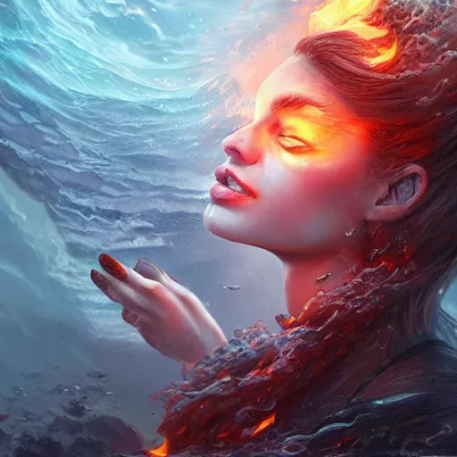 Prompt: ocean fire, photorealistic fantasy portrait, artstation, hyper detailed, bliss.