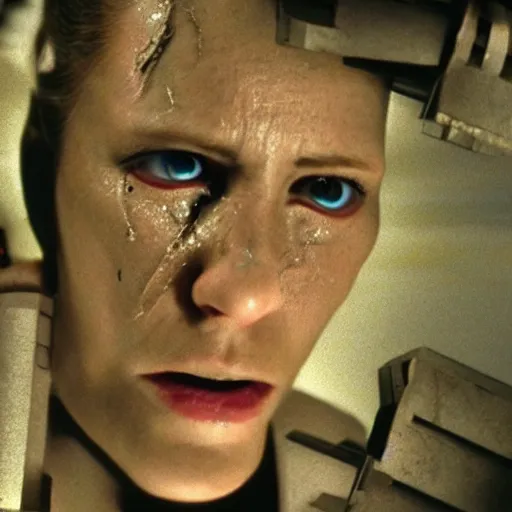 Image similar to movie still of a crying cyborg, cinematic composition, cinematic light, surreal cinema, by edgar wright and david lynch,