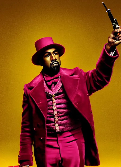 Image similar to portrait kanye west as willy wonka in django unchained, splash art, movie still, cinematic lighting, long lens, shallow depth of field, bokeh, anamorphic lens flare, 8 k, hyper detailed, 3 5 mm film grain