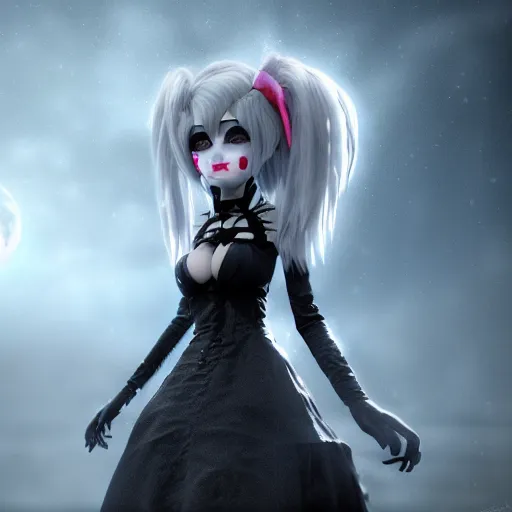 Prompt: full shot portrait of angry darkness Clara Morgane as a cute anime girl at moonlight, snowing, gothic wearing, inspired by Tim Burton, Amano, detailed, unreal engine 4k volumetric light, fog,