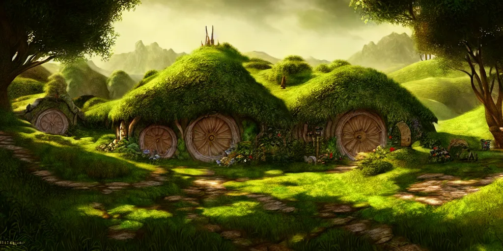 Image similar to the shire. hobbits village, concept art. epic. cinematic. 3 5 mm film. photorealistic, high details, artstation.