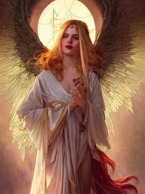 Prompt: priestess with angelical wings, golden hair, fluorescent eyes, white skin, lipstick, beautiful, goodness, pure, high fantasy, illustration, by artgerm, greg rutkowski, alphonse mucha