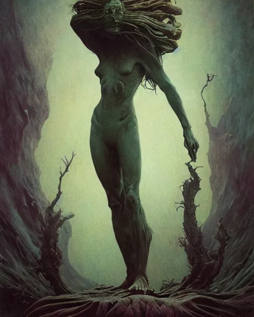 Image similar to the creature at the end of the universe, painted by zdzislaw beksinski and artgerm and greg rutkowski and alphonse mucha