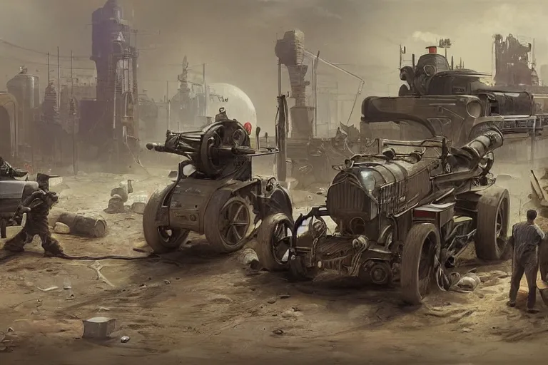 Image similar to repairing a vehicle on a machine world, year 1 9 1 4, artstation