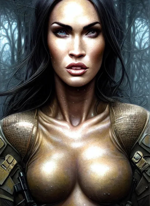 Image similar to closeup portrait shot of megan fox swat team soldier in a scenic dystopian environment, intricate, elegant, highly detailed, centered, digital painting, artstation, concept art, smooth, sharp focus, illustration, artgerm, tomasz alen kopera, peter mohrbacher, donato giancola, joseph christian leyendecker, wlop, boris vallejo