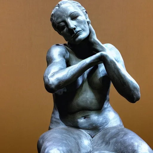 Image similar to sculpture of cate blanchett ,the thinker, by Augusts Rodin,hyper detailed, photorealism