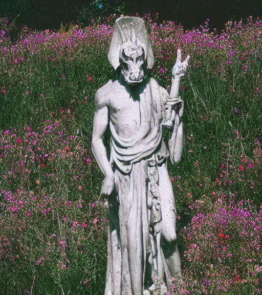 Prompt: mystical black death god figure statue in tall meadow of flowers, film photo, grainy, high detail, high resolution