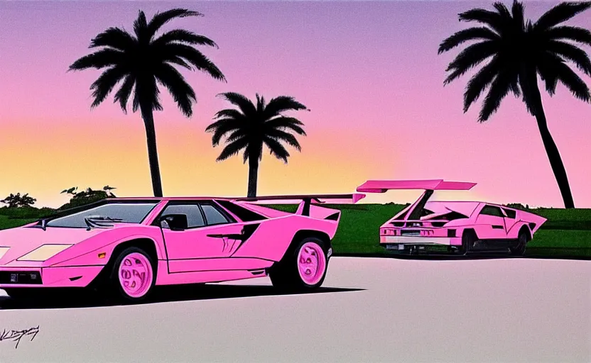 Prompt: lamborghini countach with doors open. palm trees and pink sky in the background. art by krzysztof tanajewski