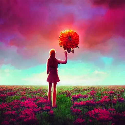 Image similar to giant rose flower head, full body girl standing in a flower field, surreal photography, sunrise, dramatic light, impressionist painting, colorful clouds, digital painting, artstation, simon stalenhag