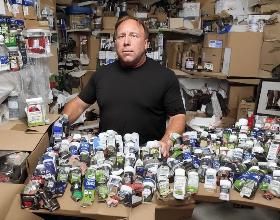 Image similar to Alex Jones inventing new conspiracy theories in his garage office, surrounded by boxes of herbal supplements, detailed photograph high quality