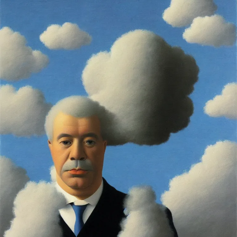 Image similar to portrait of a cloud man by rene magritte, detailed painting, hd, hq, high resolution, high detail, 4 k, 8 k