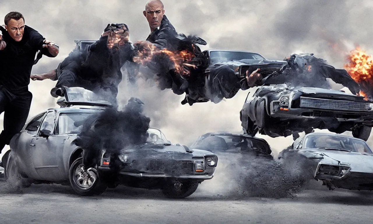 Prompt: A movie scene depicting an epic car chase. James Bond, Fast and Furious.