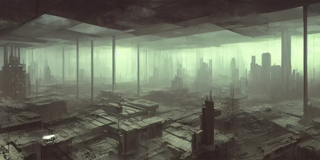 Image similar to a dystopian cyberpunk office interior with huge holographic displays everywhere, beksinski and syd mead cinematic matte painting, 4 k