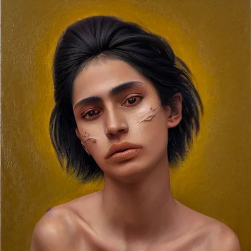 Image similar to A portrait of a thin trendy and gorgeous non-binary person, saturated skin tone, Mexican, oil painting, majestic, detailed, high resolution