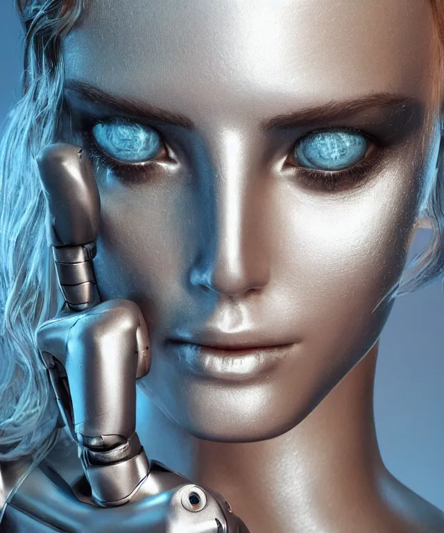 Image similar to realistic portrait of a silver robot is watching tv and tv displays a victoria's secret model in detail and the robot's face is partially moprhed into an exact copy of the model, realistic, 4 k