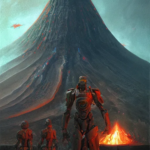 Image similar to portrait Madman Man Master Chief Sacrificing sacrificing the Elves to a Volcano Volcano God Volvo Commercial Altar Altar made of lasers and garden hoses rufino tamayo giorgio de chirico marc simonetti greg rutkowski james gilleard anton semenov