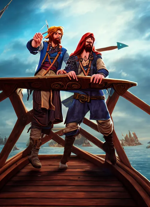 Image similar to an epic fantasy comic book style portrait painting of two bumbling idiot sky - pirates on the deck of a skyship looking at a chest, unreal 5, daz, hyperrealistic, octane render, cosplay, rpg portrait, dynamic lighting, very detailed faces