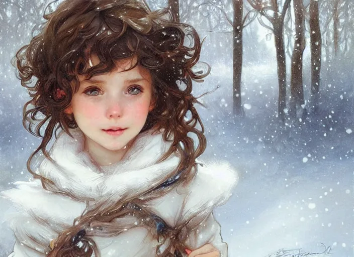 Prompt: A cute little girl with short curly brown hair and blue eyes and a happy expression. She is standing in a snowy forest trying to catch snowflakes. beautiful fantasy art by By Artgerm and Greg Rutkowski and Alphonse Mucha, trending on artstation.