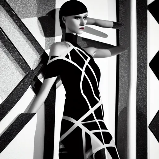 Image similar to close up of a female fashion model in year 3000 in art-deco entrance hall, model wearing a geometric edgy black dress, photography , vogue editorial , highly detailed