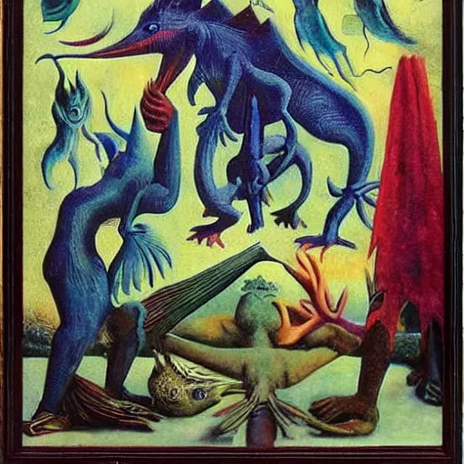 Image similar to strange mythical beasts of whimsy, dark uncanny surreal colllage by max ernst