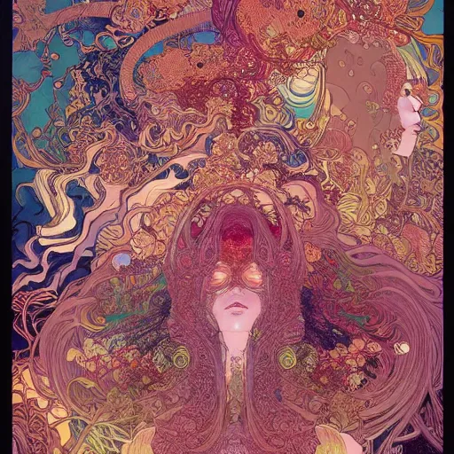 Image similar to intricate detailed maximalist hyperrealism psychedelic incredible beautiful gorgeous landscape of flowing reality and melting perception by victo ngai yoji shinkawa moebius jean girard shintaro kago junji ito esoteric hypnogogic alphonse mucha victo ngai