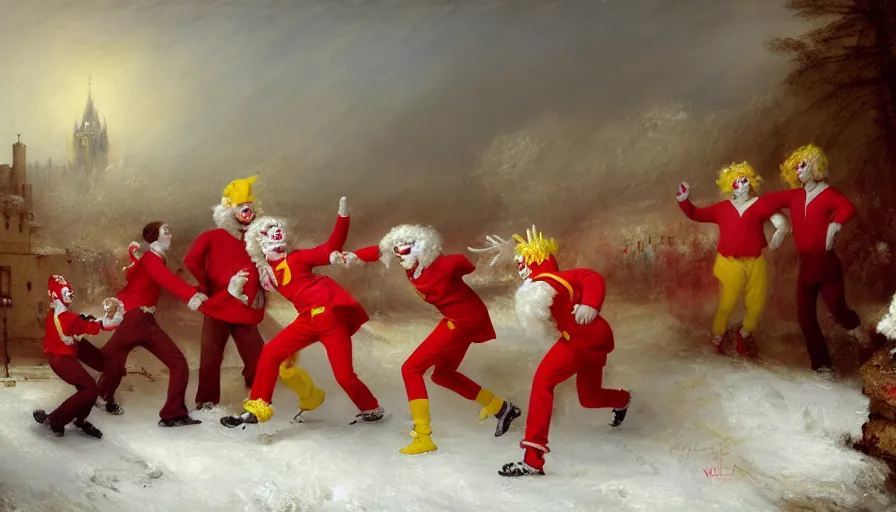 Image similar to highly detailed painting of a group of ronald mcdonalds with red afros, white facepaint, red noses and yellow tracksuits dancing outside a pink snowy scottish castle by william turner, by greg rutkowski, by william constable, thick brush strokes and visible paint layers, 4 k resolution