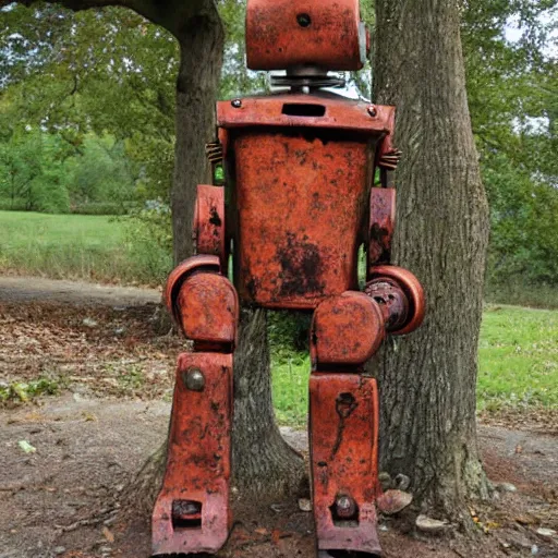 Prompt: rusty robot sitting by a tree, auction catalogue photo