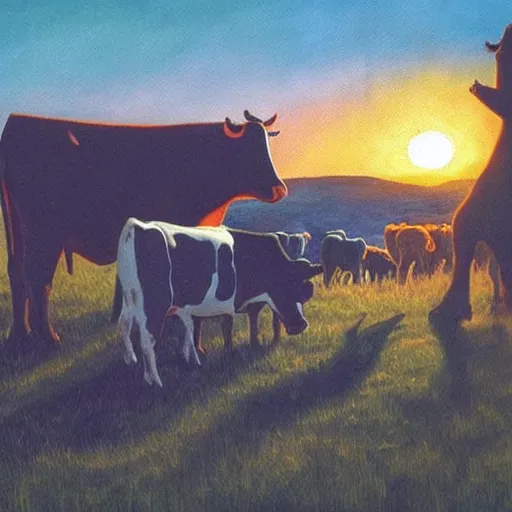 Prompt: cow being abducted by aliens in the sunset while his friends watch, contemporary