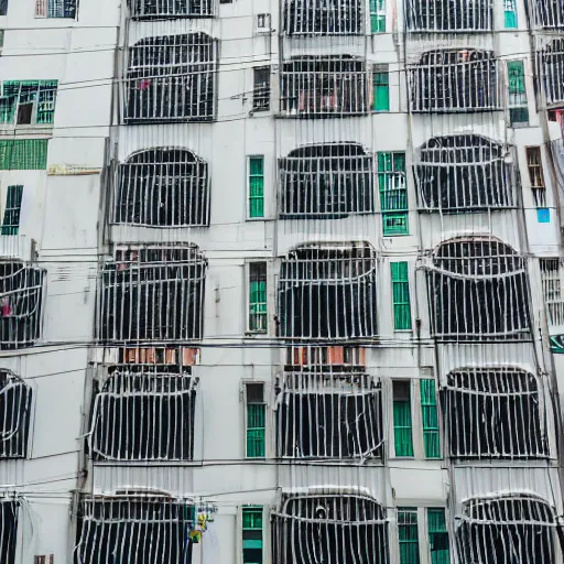 Prompt: a hong kong building side covered in wires and ac units