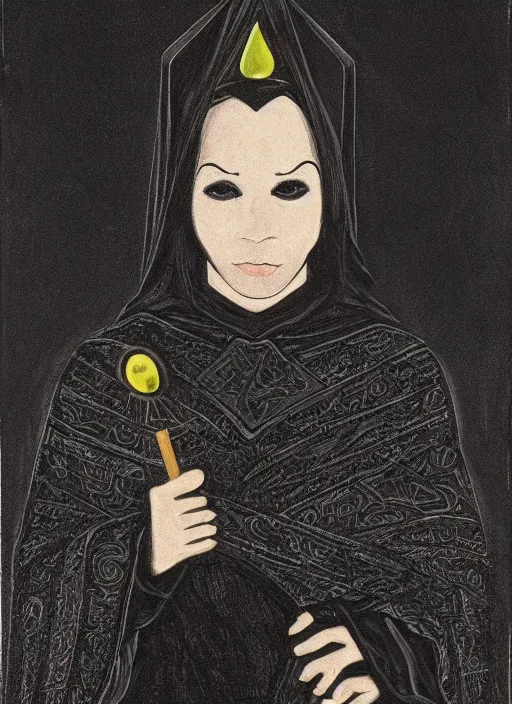 Image similar to portrait of a raven in a vantablack cloak and holding a symbolic weapon. portrait hung up in a windows 9 8 castle. r / oldschoolfantasy