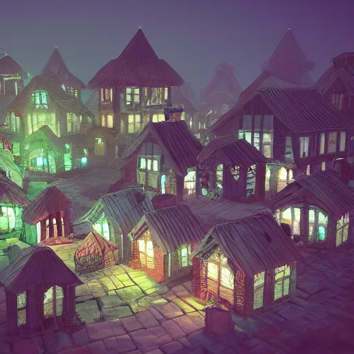 Prompt: a 3D village at night in the style of Maria Puchkova on Artstation, 4k,