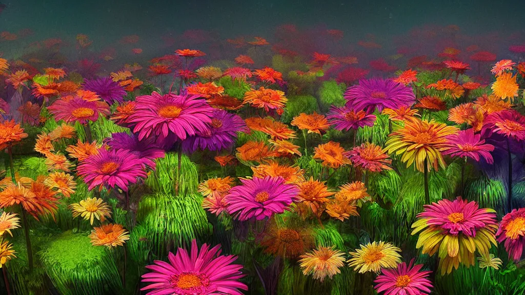 Prompt: digital illustration of a forest of towering multi - colored gerber daisy megaflowers by dr. seuss, reimagined by ilm and beeple : 1 | megaflora, spectral color, electric color, rolling hills : 0. 9 | fantasy : 0. 9 | unreal engine, deviantart, artstation, hd, 8 k resolution : 0. 8