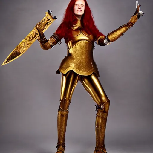 Image similar to a tall, red - haired female knight wearing golden armor and left arm golden prothesis, longer than her right arm. she wields a long golden blade